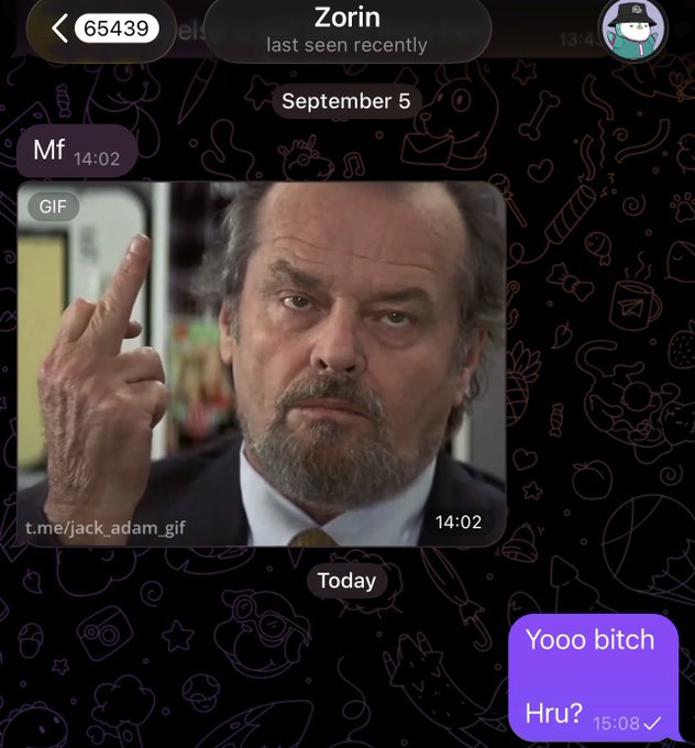 A Telegram chat screenshot with 'Zorin' (last seen recently), showing a GIF from 't.me/jack_adam_gif' of actor Jack Nicholson raising his middle finger, followed by a message 'Yooo bitch / Hru?'