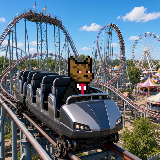 A pixel-art style character in a suit and tie rides the front car of a silver roller coaster, with an amusement park featuring a Ferris wheel and colorful tents visible in the background under a blue sky.