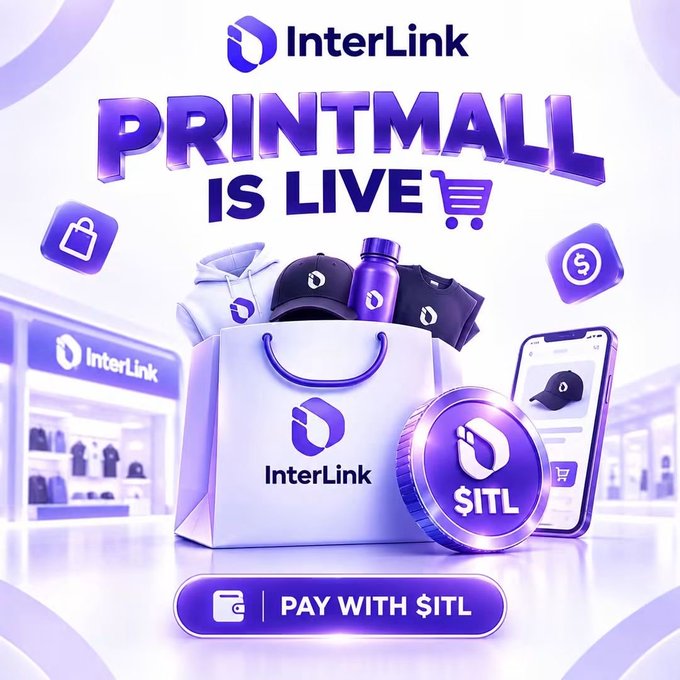 A vibrant purple promotional graphic for 'InterLink' announces 'PRINTMALL IS LIVE', featuring a white shopping bag with merchandise, a phone displaying an app, and a 'PAY WITH $ITL' button.