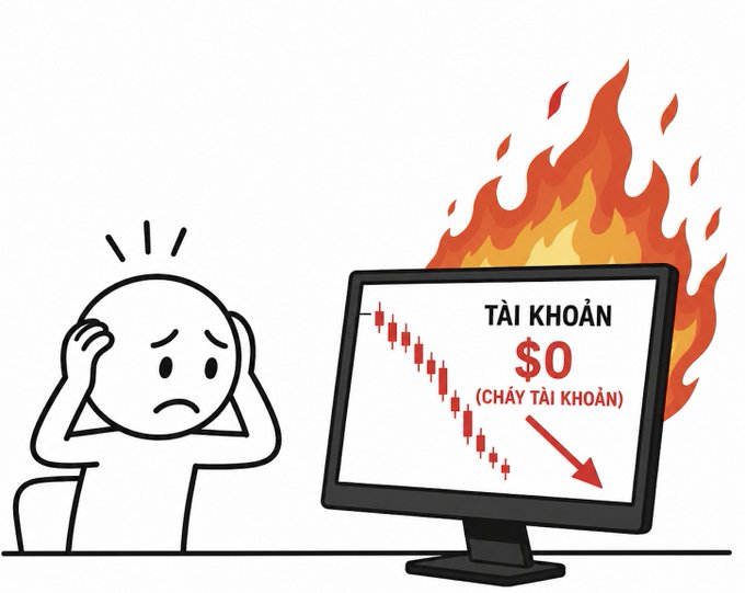 A cartoon illustration of a distressed person looking at a computer screen on fire, displaying a declining stock chart with the text 'TÀI KHOẢN $0 (CHÁY TÀI KHOẢN)' meaning 'Account $0 (Account burned)'.