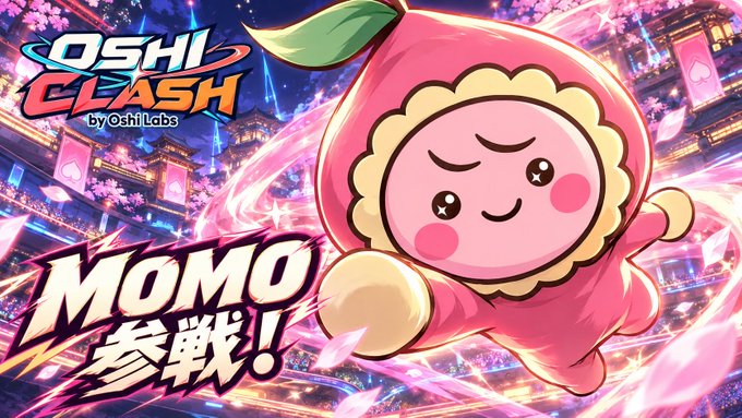 A promotional image for "OSHI CLASH by Oshi Labs" featuring a pink, peach-like mascot character with a green leaf and cute face leaping through a vibrant cityscape, accompanied by the Japanese text "MOMO 参戦!" (Momo joins!). The artwork announces a new character joining the game's roster, aligning with the post's message about more characters joining the battle lineup.