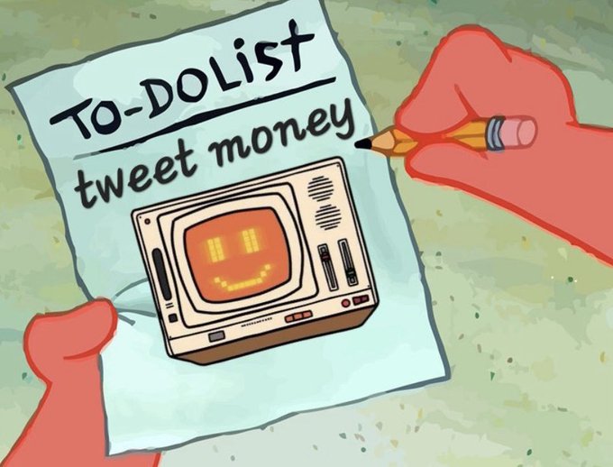 A cartoon illustration of a Krabby Patty from SpongeBob on a 'TO-DO LIST' paper with the task 'tweet money' written above it, being written on by a red crab claw holding a pencil.