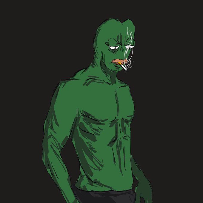 A stylized green-skinned muscular figure with a cigarette dangling from its mouth stands against a dark background.