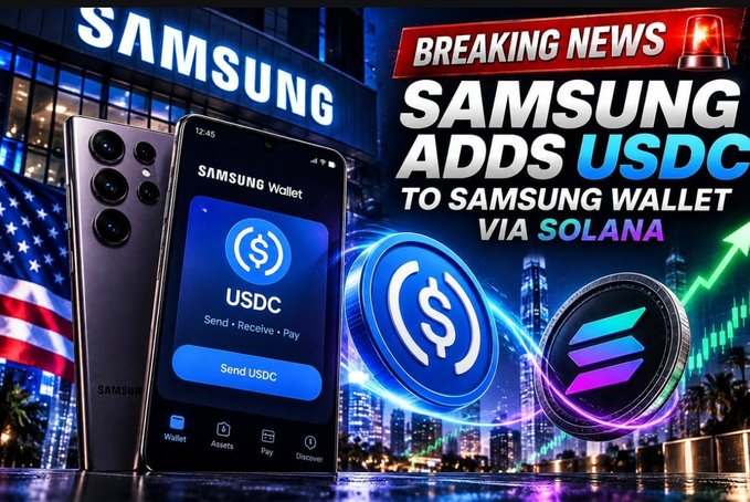 A promotional graphic with text 'BREAKING NEWS SAMSUNG ADDS USDC TO SAMSUNG WALLET VIA SOLANA,' showing a Samsung phone displaying USDC and Solana cryptocurrency logos.