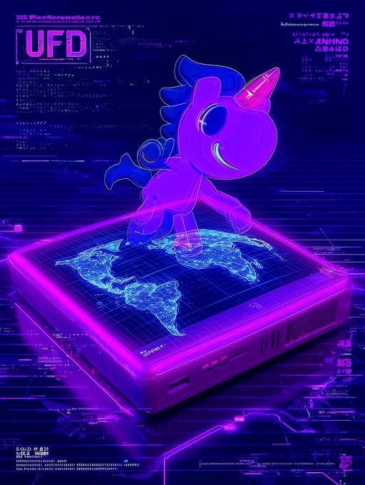 A glowing neon holographic unicorn stands atop a holographic Earth displayed on a futuristic circuit board, surrounded by glitchy cyber text including "UFD" in the upper left, evoking a digital, blockchain-inspired aesthetic that aligns with the post's "GM" (good morning) crypto sentiment tied to the $UFD token.
