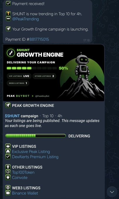 A Telegram-style promotion from “$SHUNT” advertises the “GROWTH ENGINE” campaign at “50%” progress, labeled “DELIVERING,” with listings for “VIP LISTINGS,” “OTHER LISTINGS,” and “WEB3 LISTINGS.”