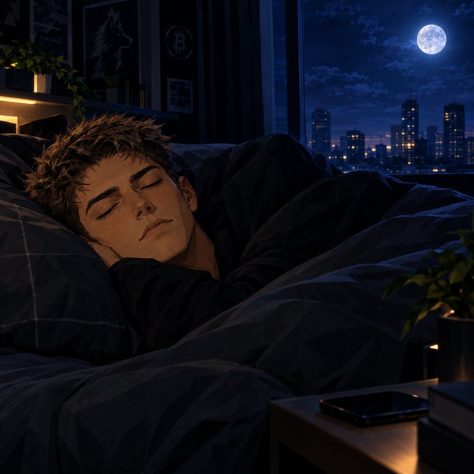 An illustration of a young man sleeping peacefully in bed under dark blue covers, with a nighttime city skyline, full moon, and a Bitcoin logo visible in the background.