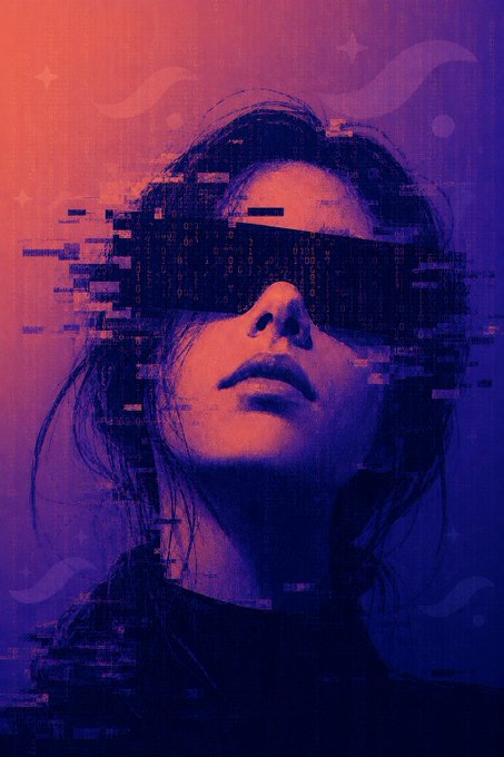 A stylized digital illustration of a woman wearing a VR-style visor, rendered with a pink-to-purple gradient and glitch effects with faint binary code patterns, visually evoking themes of futurism, technology, and anticipation for the upcoming "Liquid Staking" announcement.