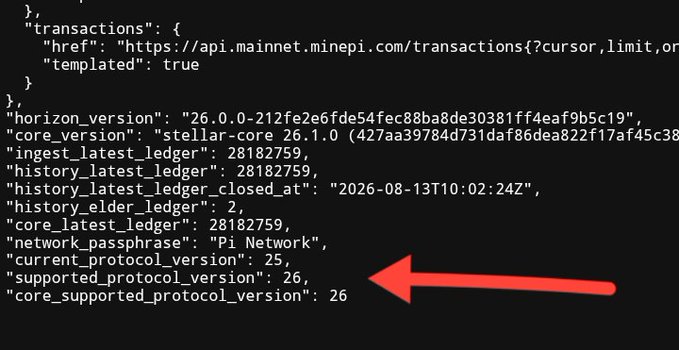 A JSON-formatted API response from the Pi Network mainnet shows protocol version details, with an arrow highlighting that the "supported_protocol_version" is 26, indicating the network is on the verge of its anticipated Protocol 26 upgrade.