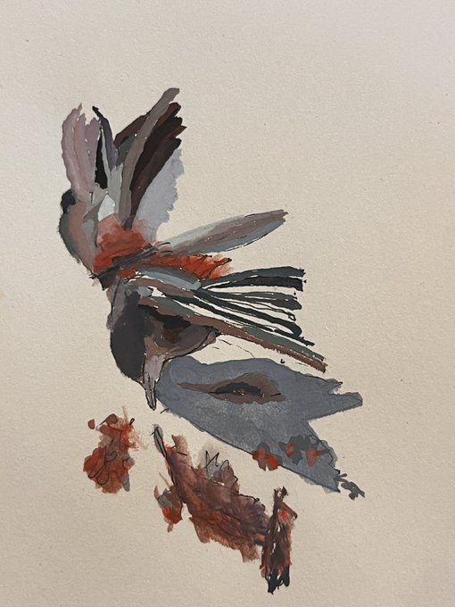 An abstract watercolor and ink painting on textured paper, featuring dynamic brushstrokes in gray, black, and rusty brown hues.