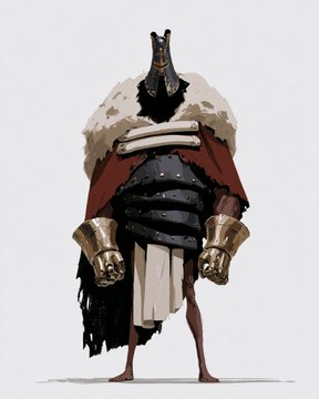 A digital illustration depicts a tall, armored fantasy character wearing a fur-collared cape, a horned helmet, and large gauntlets, standing against a plain white background.