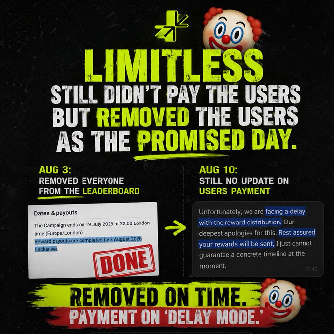 A critical graphic about 'LIMITLESS' claiming they removed users from the leaderboard on time but delayed payments, showing screenshots dated Aug 3 and Aug 10 with the tagline 'REMOVED ON TIME. PAYMENT ON DELAY MODE.'