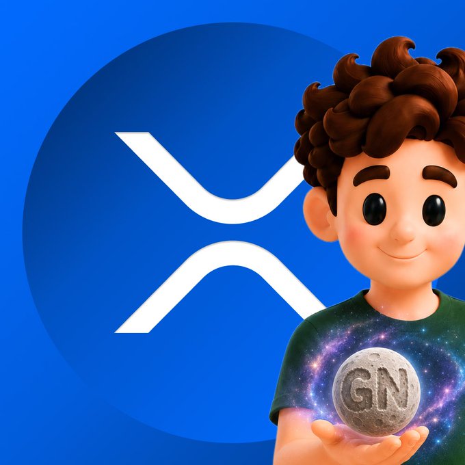 A 3D cartoon character with curly brown hair holds a coin marked 'GN' against a galaxy-patterned shirt, with the XRP logo displayed on a blue background behind him.