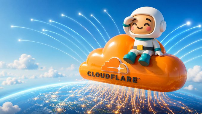 A 3D illustration of a cartoon astronaut sitting on an orange cloud labeled 'CLOUDFLARE' above a network web and the Earth.