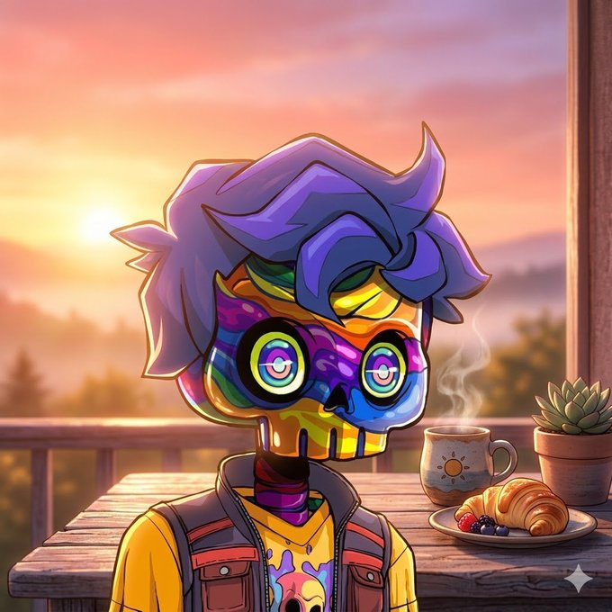 A vibrant, rainbow-colored skull character with purple hair and a yellow shirt sits at a wooden table with a steaming mug, croissant, berries, and a potted succulent against a sunset backdrop. The colorful, expressive artwork visually captures the energetic and optimistic "GM" spirit of the NFT community, symbolizing creativity and a fresh start to the day.
