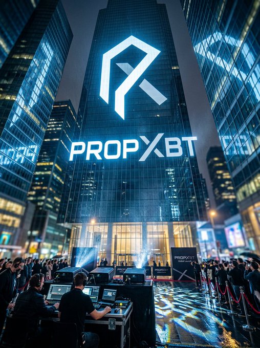 Stylized promotional image for 'PROPXBT' featuring a glowing blue logo on a skyscraper at night, with crowds and equipment in the foreground.