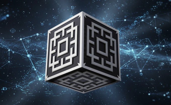 A 3D rendered black and silver cube featuring intricate maze-like patterns on each face, set against a dark blue background with glowing network nodes and connections representing technology or blockchain.