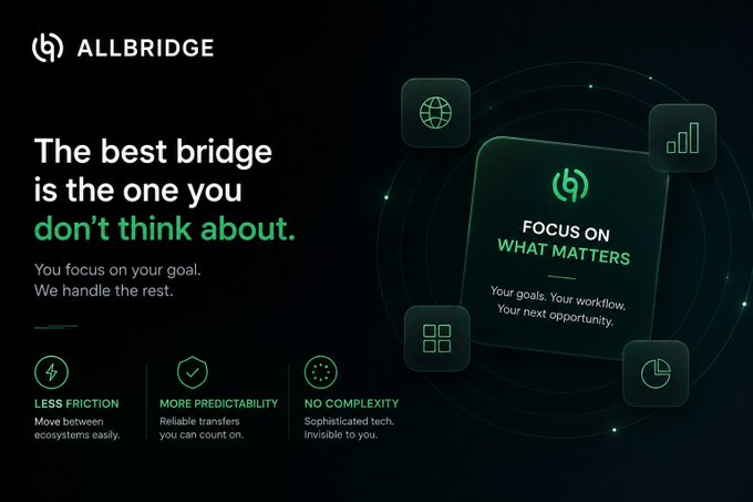 A promotional banner for Allbridge with the tagline 'The best bridge is the one you don't think about', highlighting features like less friction, more predictability, and no complexity.