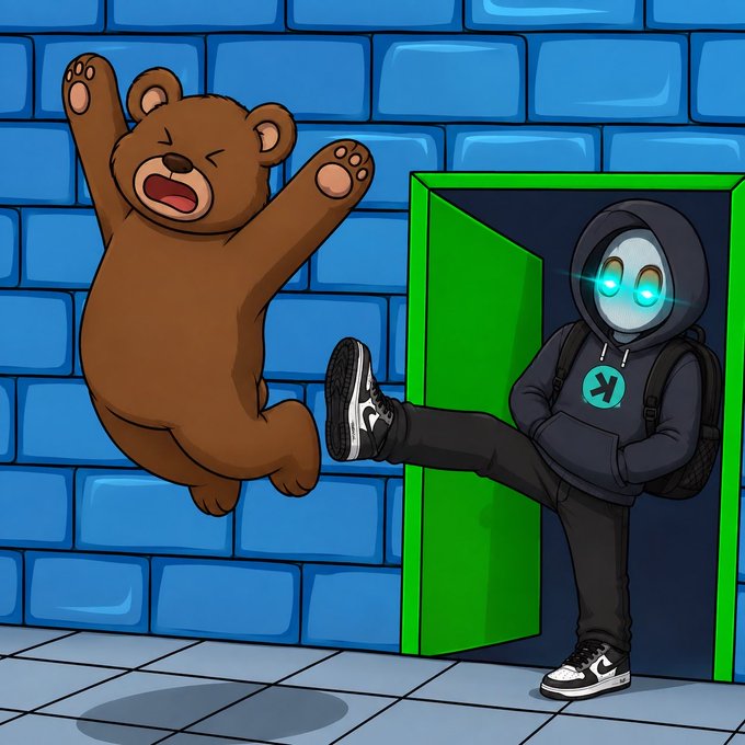 A hooded figure with glowing cyan eyes and an "X" emblem kicks a cartoon bear through a green door against a blue brick wall. The image humorously illustrates the post's message about different cryptocurrencies' roles—visually depicting the bear (likely symbolizing bearish action or a rival) being kicked out, much like questioning what unique value each crypto brings to the space beyond Bitcoin's store-of-value function and Kaspa's technology improvements.
