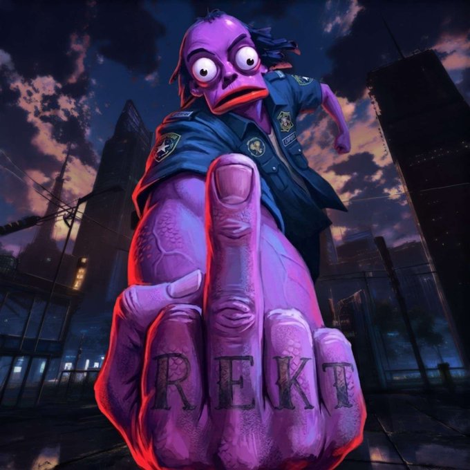 The image features a purple-skinned, cartoonish figure with big eyes and a fake mustache giving the impression of being a police officer or a monster from another world. The character has a tattoo on their hand that says "REKT". The background shows an urban setting with buildings and a street lamp, creating a contrast between the whimsical character and the realistic cityscape.