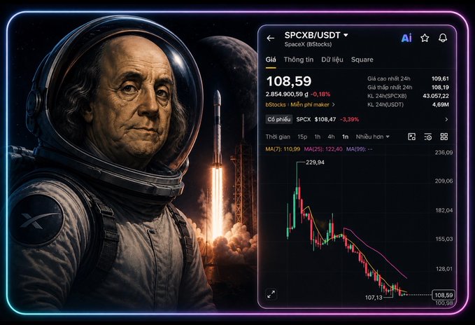 An artistic image of a Benjamin Franklin lookalike in a spacesuit with a rocket launch in the background, alongside a stock chart showing SPCXB/USDT trading on bStocks with a price of 108.59.