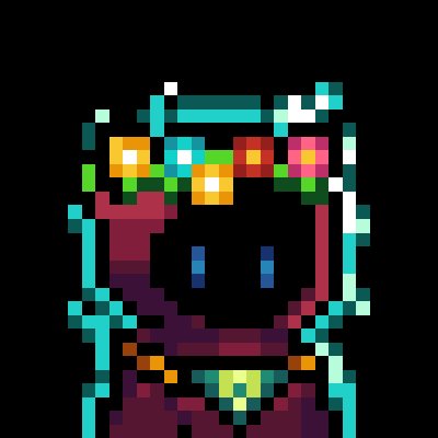 A pixel-art character sprite resembling a small figure wearing a colorful floral crown and glowing blue eyes, set against a black background.