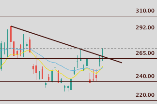 A financial candlestick chart showing a downward trend line with price levels marked at 220.00, 240.00, 265.00, 292.00, and 310.00.