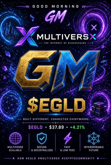 A promotional graphic for 'MULTIVERSX' featuring a cosmic background, the letters 'GM' in gold, and a token price of '$EGLD $37.89 +4.21%'.