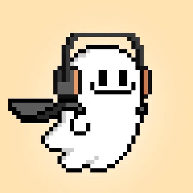 A simple pixel art illustration of a white ghost-like character holding a gray gun, wearing black headphones with brown ear pads.