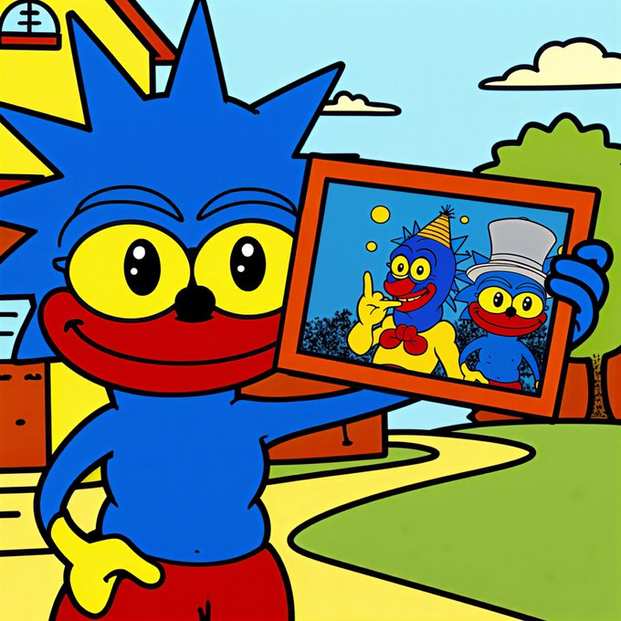 A cartoon illustration of a blue, spiky-haired character holding up a framed photo showing two similar characters, one wearing a party hat and the other a chef's hat.