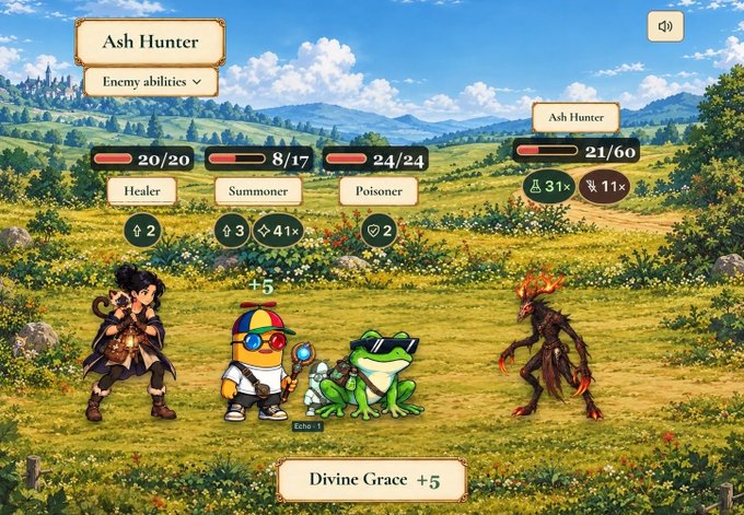 A video game screenshot showing a battle in a grassy field between a party (Healer, Summoner, Poisoner) and an enemy called 'Ash Hunter', with HP bars and a 'Divine Grace +5' message displayed.