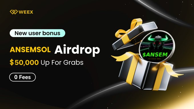 Promotional graphic from Weex exchange featuring a black gift box with gold ribbon and an $ANSEMSOL coin, advertising a new user bonus airdrop of $50,000 with 0 fees, matching the accompanying tweet's details about the crypto giveaway event.