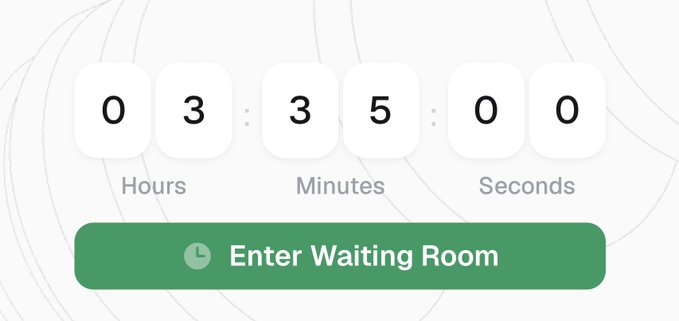 A digital countdown timer displaying 03 hours, 35 minutes, 00 seconds above a green 'Enter Waiting Room' button.
