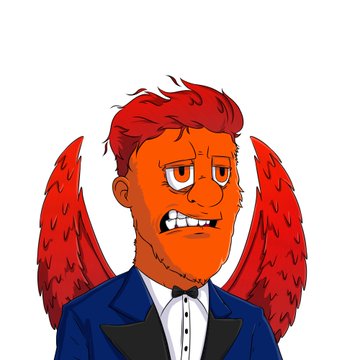 A cartoon illustration of a red-skinned devil man with wings wearing a blue tuxedo with a bow tie.
