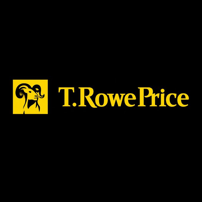 The image shows the T. Rowe Price logo, featuring a yellow ram's head icon alongside the company name in bold yellow text on a black background, visually branding the news of the firm's new actively managed multi-token spot crypto ETP, $TKNZ.