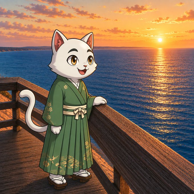 An illustration of a white cartoon cat wearing a green traditional Japanese kimono and wooden sandals, standing on a wooden pier overlooking a sunset ocean.