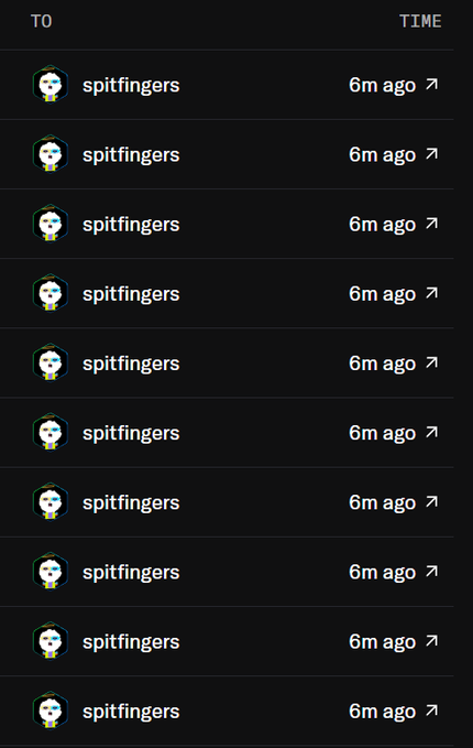 A screenshot showing a list of ten identical messages all from user 'spitfingers' sent '6m ago' under columns labeled 'TO' and 'TIME'.
