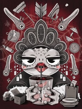 The image depicts a gothic, stylized female character with a jeweled crown, blood dripping from her lips, holding a glass of red liquid, surrounded by sharp weapons, poison bottles, dice, and a toilet—a dark, twisted fairy tale aesthetic.

The caption contrasts the "happily ever after" fantasy with a cynical, chaotic reality, where the once-enchanted princess is left holding a drink amid dangerous, mundane objects, mirroring the pricing of "21 xtz" as a bitter ending to the fairy tale.