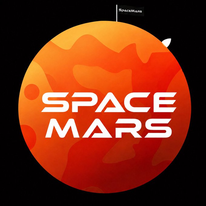 A stylized orange and red planet logo featuring the text "SPACE MARS" prominently across the center, with a small flag planted at the top bearing the same "SpaceMars" branding. The image represents the SpaceMars project, likely a cryptocurrency or space-themed token, whose contract address (0x1b3e4868dfb12f71bf3d44841ded128bf1077777) is listed in the post for reference.