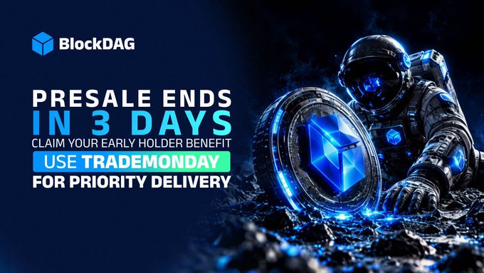 The image is a promotional graphic for BlockDAG's presale ending in 3 days, featuring an astronaut holding a glowing BDAG coin alongside text urging early holders to use the code "TRADEMONDAY" for priority delivery on their coin purchase at $0.00000001.