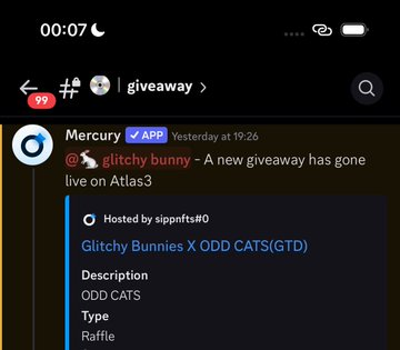 The image shows a Discord announcement from the Mercury app in the #giveaway channel, notifying users of a new giveaway by user @glitchy_bunny titled "Glitchy Bunnies X ODD CATS(GTD)" hosted by @sipnft#0, raffle-type. The caption relates to the post by announcing the start of the giveaway for Glitchy Bunnies X ODD CATS NFTs, congratulating the winner @itsnot_demarco and tagging @ODDCATSdotCOM.