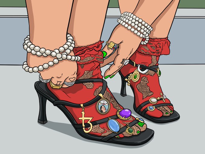 An illustration of feet in red lace high-heeled sandals adorned with numerous charms, gemstones, and rings, with the wearer's hands showing green nail polish and pearl bracelets.