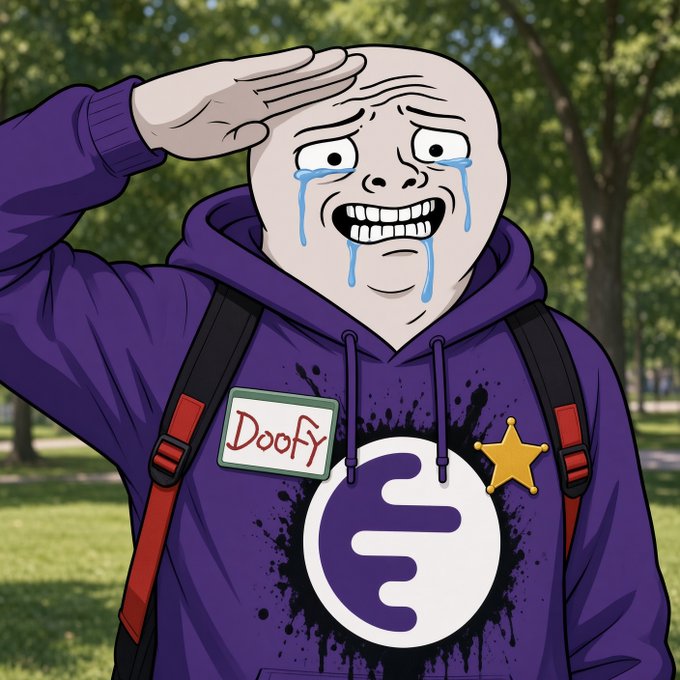 A meme-style illustration of the 'Doofy' wojak character crying while saluting, wearing a purple hoodie with a strange 'e' logo and a 'Doofy' name tag.