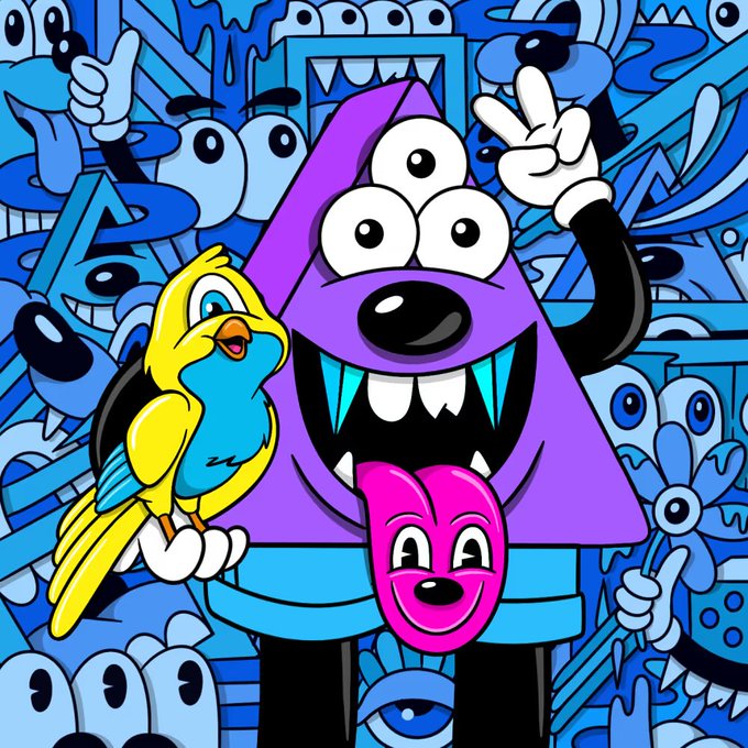 A colorful cartoon illustration featuring a purple triangle monster with three eyes, a yellow bird, and a pink heart character against a busy blue patterned background.