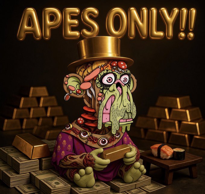 A cartoonish, grotesque ape-like character wearing a top hat and tattered robe sits cross-legged amid piles of gold bars, stacks of cash, and a plate of sushi. Above the scene, bold golden balloon letters declare "APES ONLY!!," tying directly to the Bored Ape Yacht Club reference in the post.