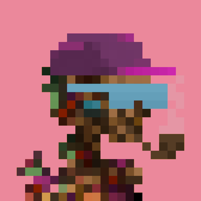 A pixelated digital illustration of a character with purple hair and large blue visor goggles on a pink background.
