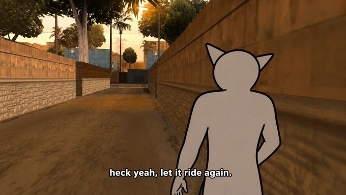 A white cat-eared silhouette figure stands in a narrow alleyway in what appears to be a video game (GTA-style), with subtitle text reading 'heck yeah, let it ride again.'