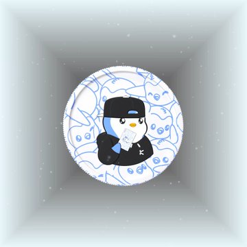 A cartoon penguin wearing a black cap and hoodie sits in the center of a circular emblem decorated with blue flame patterns, displayed against a gray gradient background with floating particles. The image represents the Pudgy Penguins brand associated with the post about receiving two new SBTs and the upcoming Gold SBT from KAST.