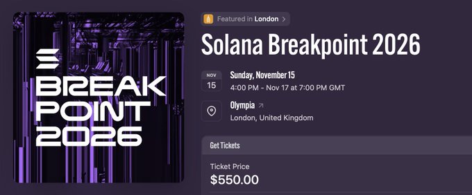 A promotional graphic for "Solana Breakpoint 2026" — featured in London, taking place Sunday, November 15 (4:00 PM – 7:00 PM GMT) at Olympia in the United Kingdom, with ticket prices listed at $550.00. The image complements the post's reminder that Breakpoint is 81 days away, encouraging early booking of hotels, flights, tickets, and visas/ETA.