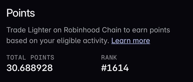 Screenshot showing 'Points' from the Lighter platform on Robinhood Chain with 30.688928 total points and rank #1614.